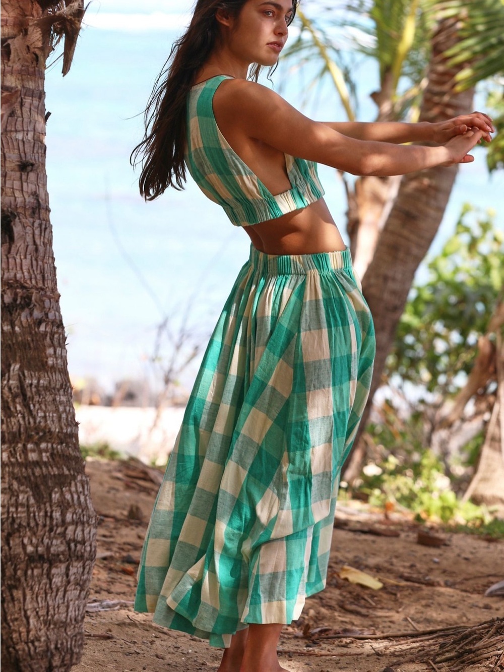 Free People Green and Cream Gingham Two-Piece Skirt Set - Picture 4 of 5
